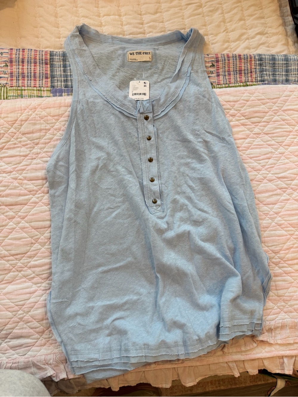 We The Free Pale Blue Henley Tank with Button Placket